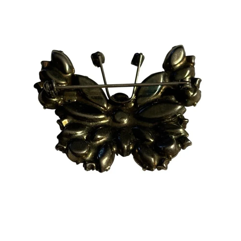 Butterfly Rhinestone Brooch Pin VTG‎ Black & Clear Rhinestones Silver Tone Retro